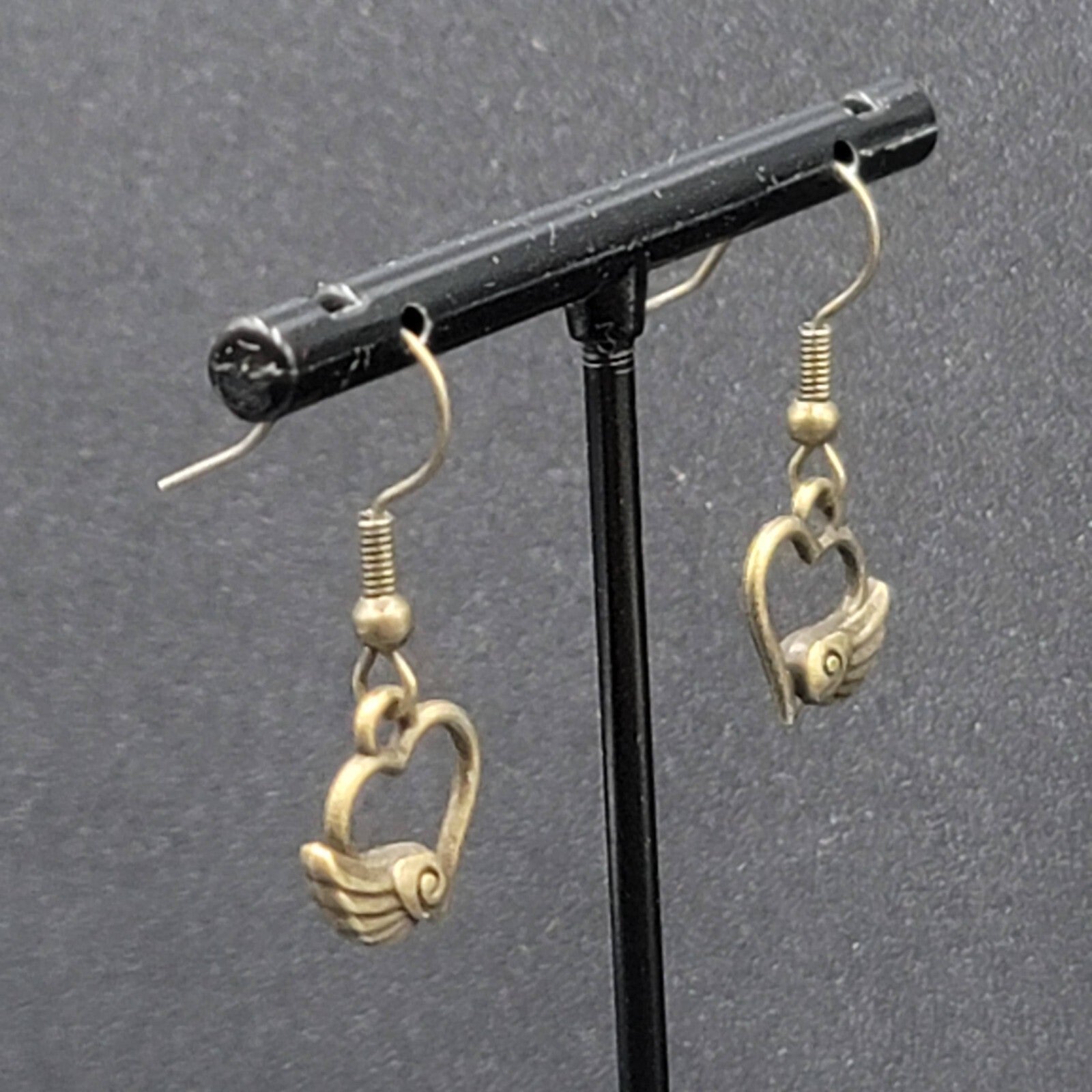 Pierced Earrings Bronze tone Open Winged Heart Dainty Dangle 1/2"