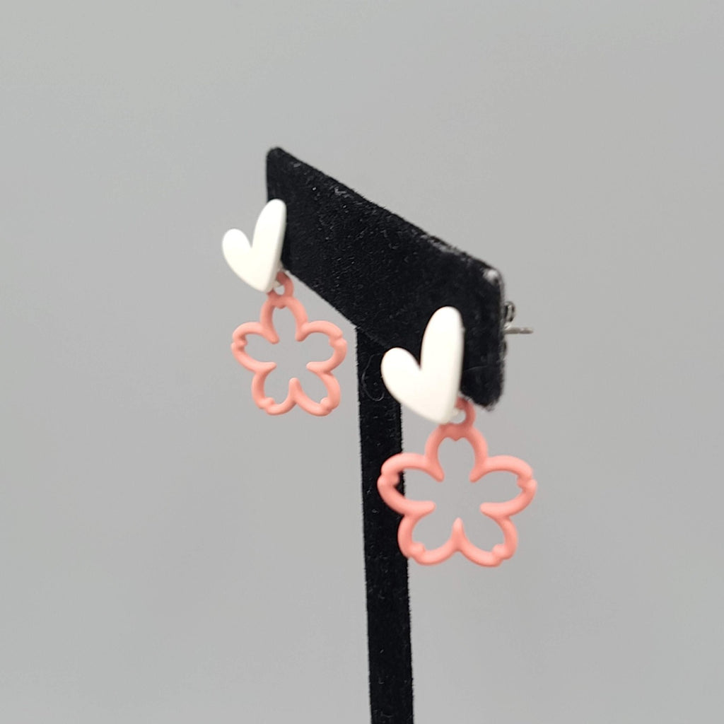 White Heart Pink Flowers Pierced Earrings Matte Enamel Dangle 1 in