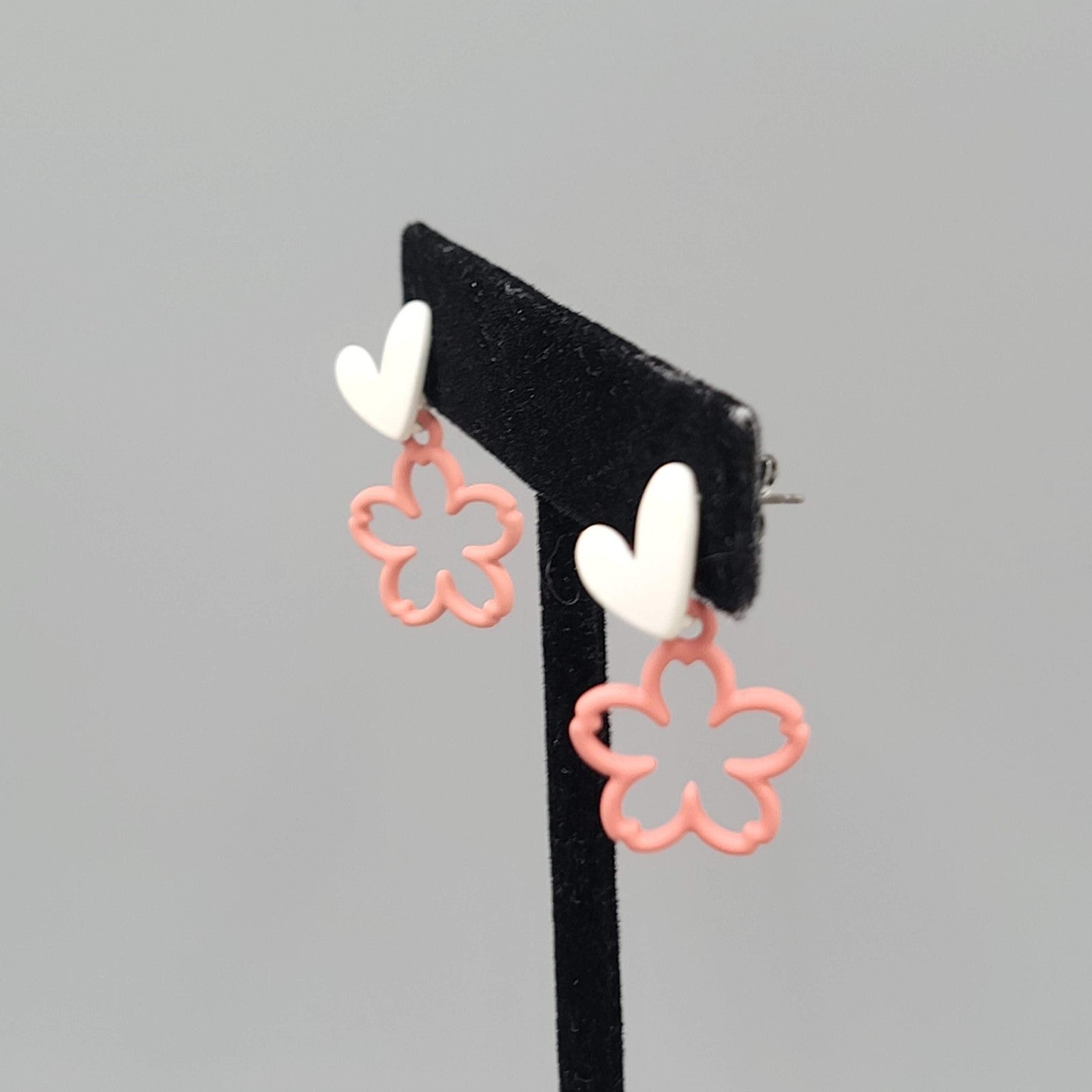 White Heart Pink Flowers Pierced Earrings Matte Enamel Dangle 1 in