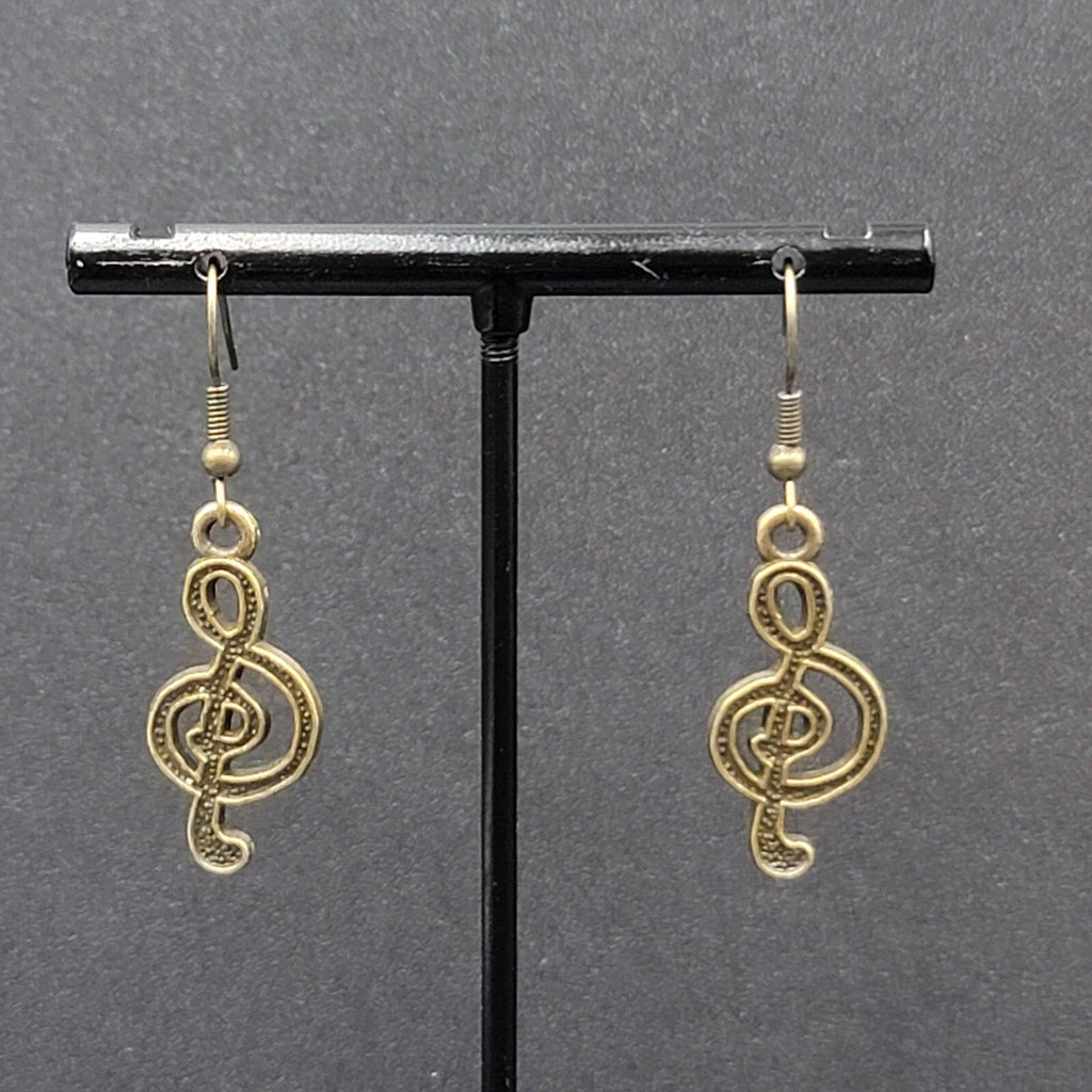New Treble Clef Pierced Earrings Music Bronze tone Dangle 1"
