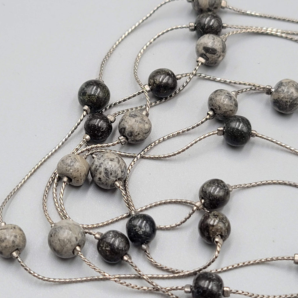 Triple Layer Gray Black Stone Station Bead Necklace Silver tone 16"