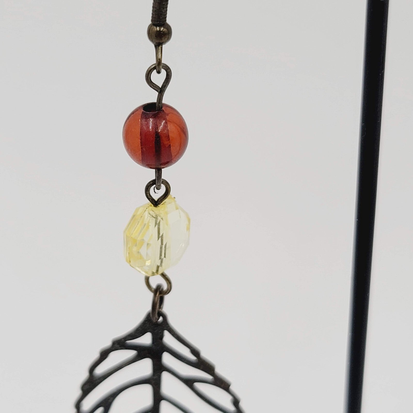 Long Pierced Earrings Beaded Open Work Leaf 3"