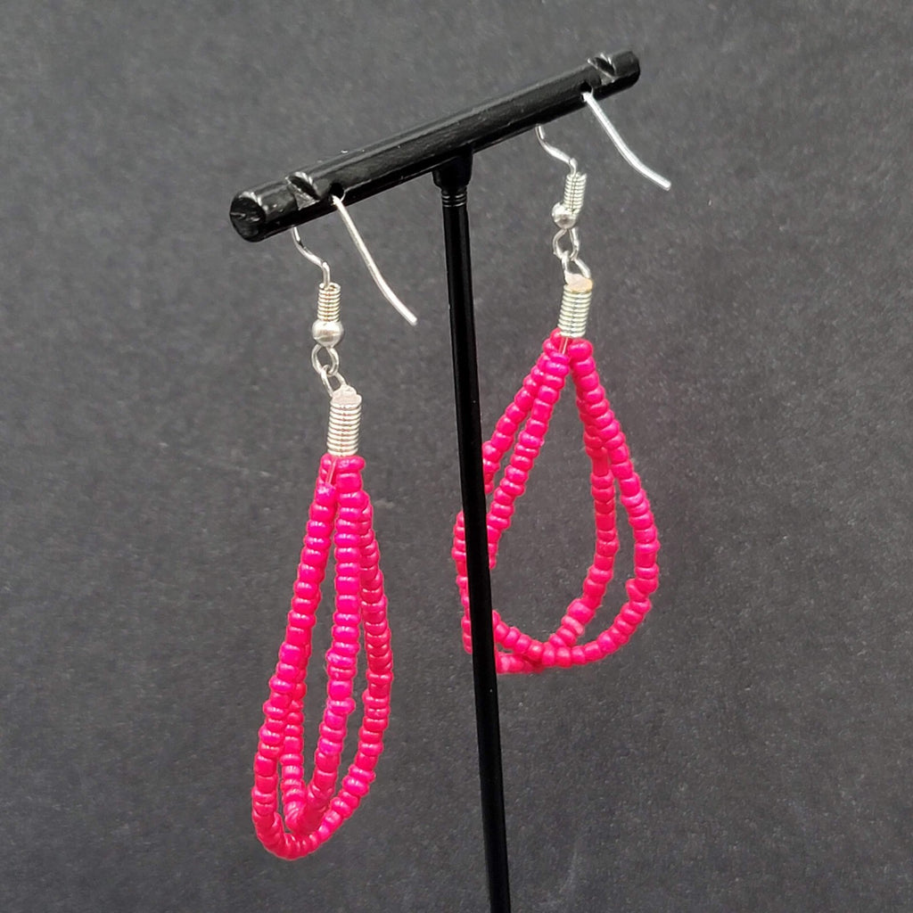 Pierced Earrings Red Seed Beaded Double Loops Dangle 2"