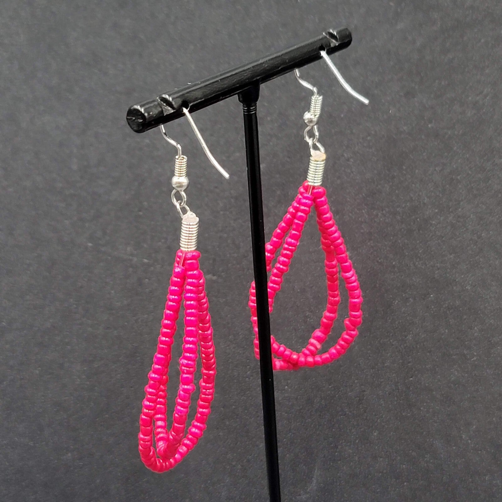 Pierced Earrings Red Seed Beaded Double Loops Dangle 2"