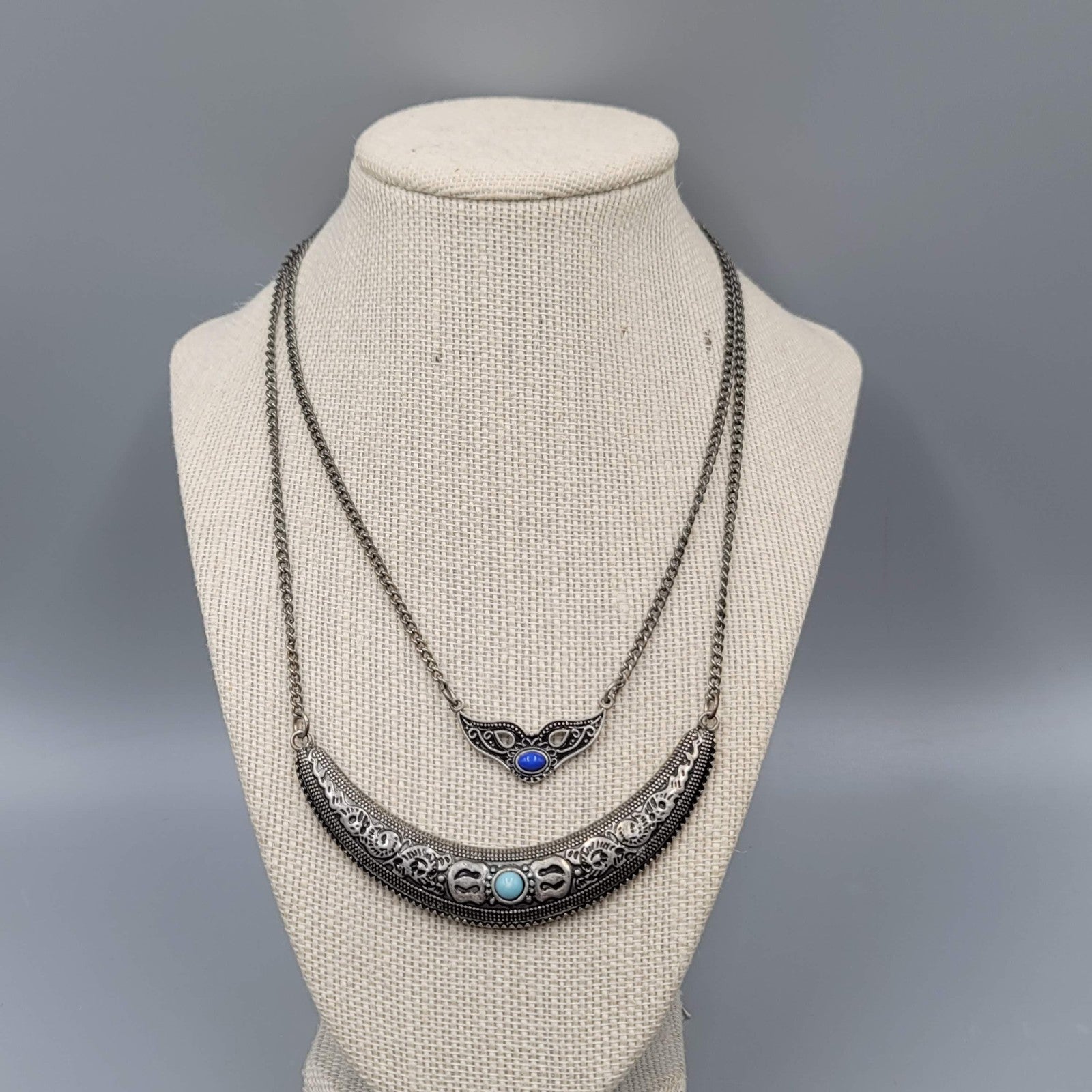 Boho Statement Necklace Silver Tone Turquoise Layered Crescent Pendant 16"-18"