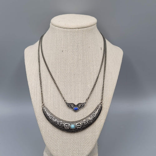 Boho Statement Necklace Silver Tone Turquoise Layered Crescent Pendant 16"-18"