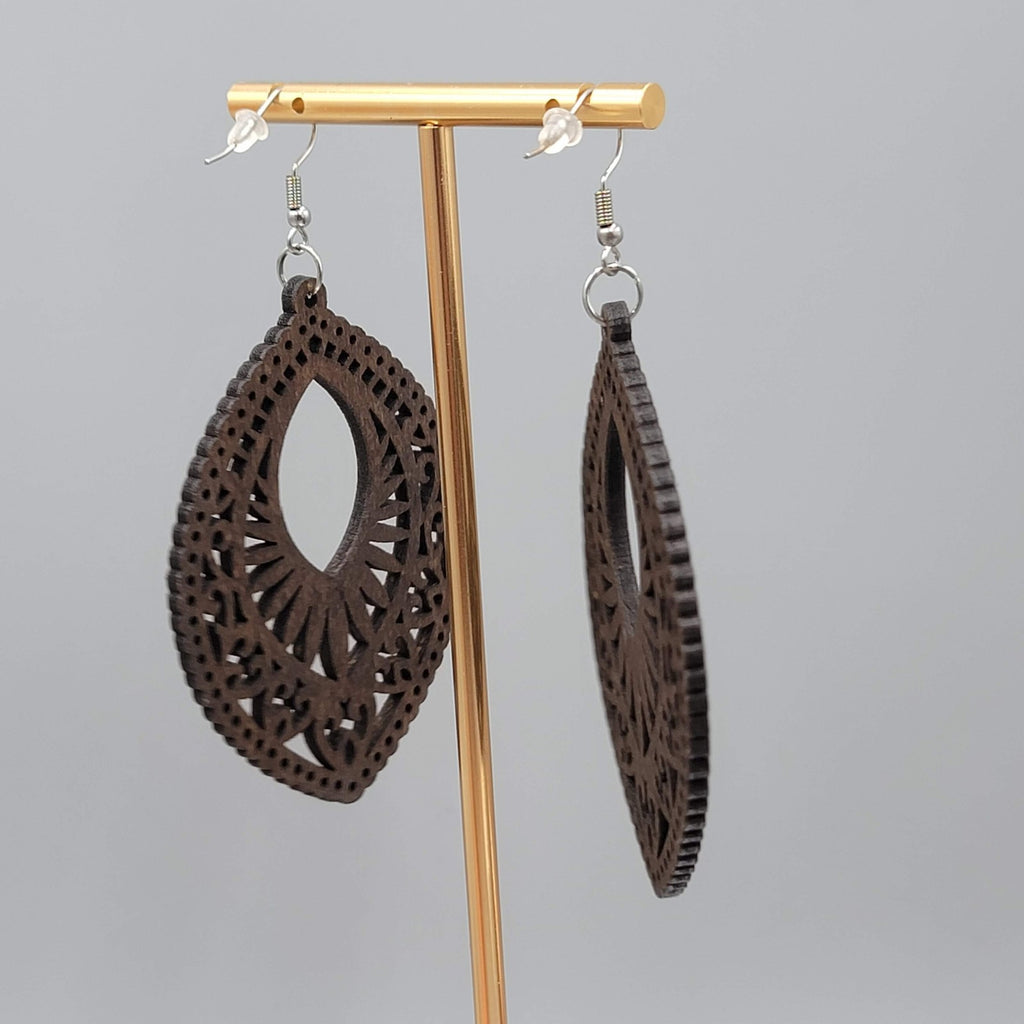 Wood Cut Large Boho Pierced Earrings Silver tone Dangle 3 in