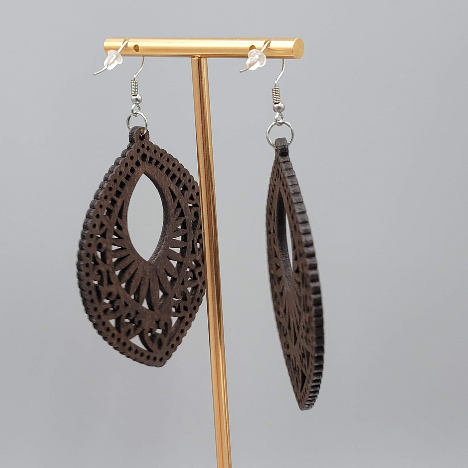 Wood Cut Large Boho Pierced Earrings Silver tone Dangle 3 in