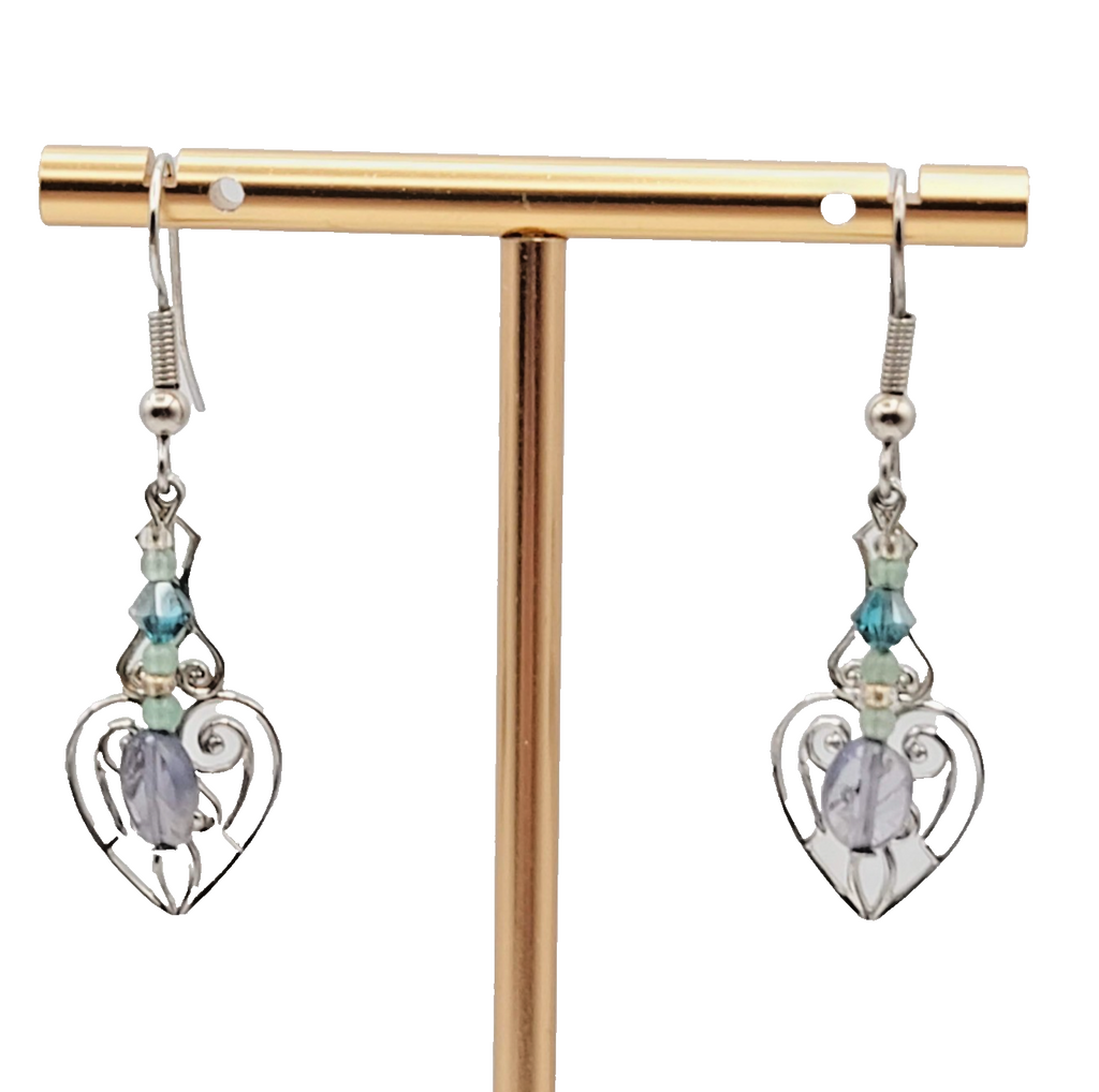Lavalier Pierced Earrings Purple Blue Beads Silver tone Dangle 1.25 in