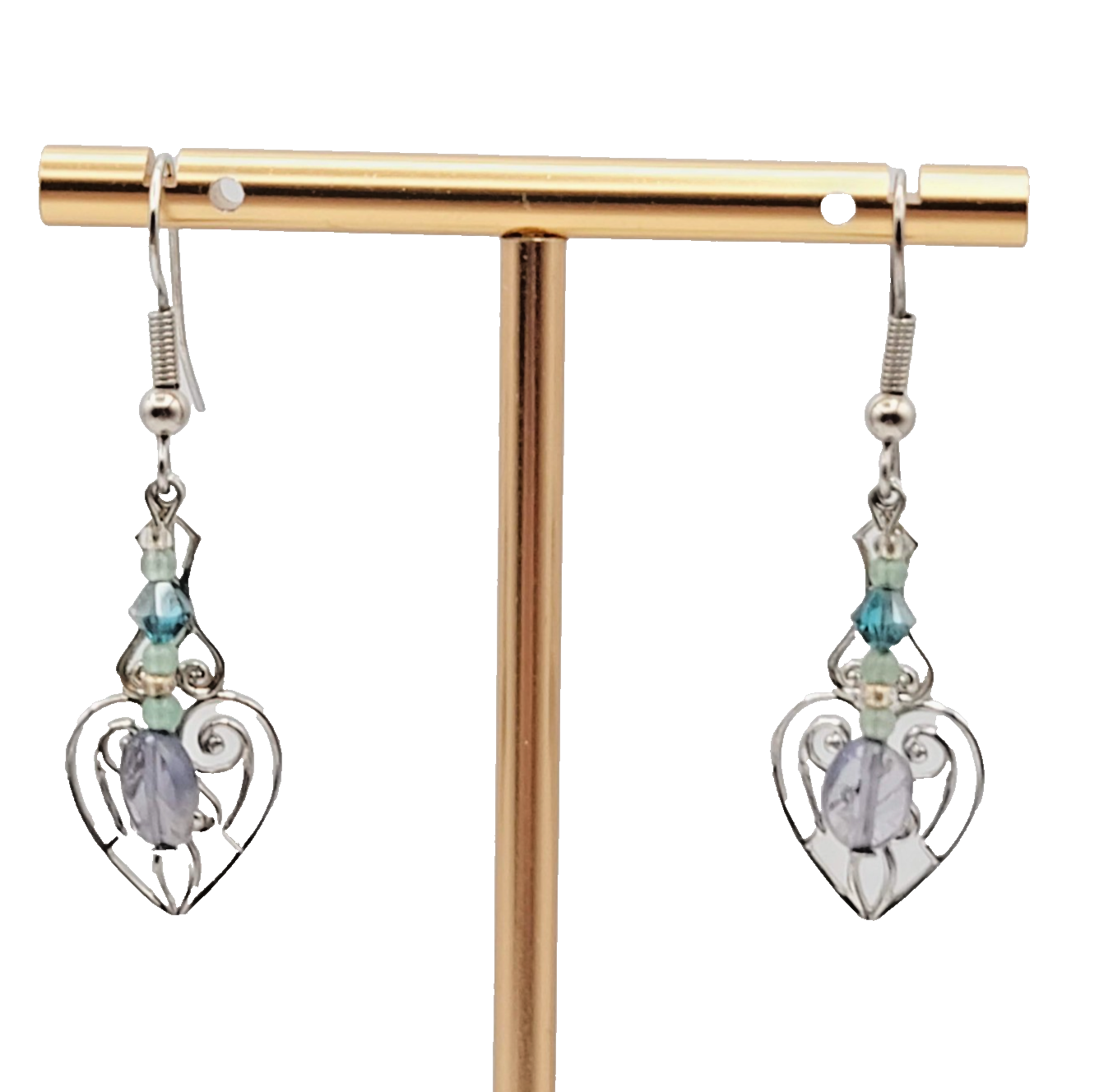 Lavalier Pierced Earrings Purple Blue Beads Silver tone Dangle 1.25 in