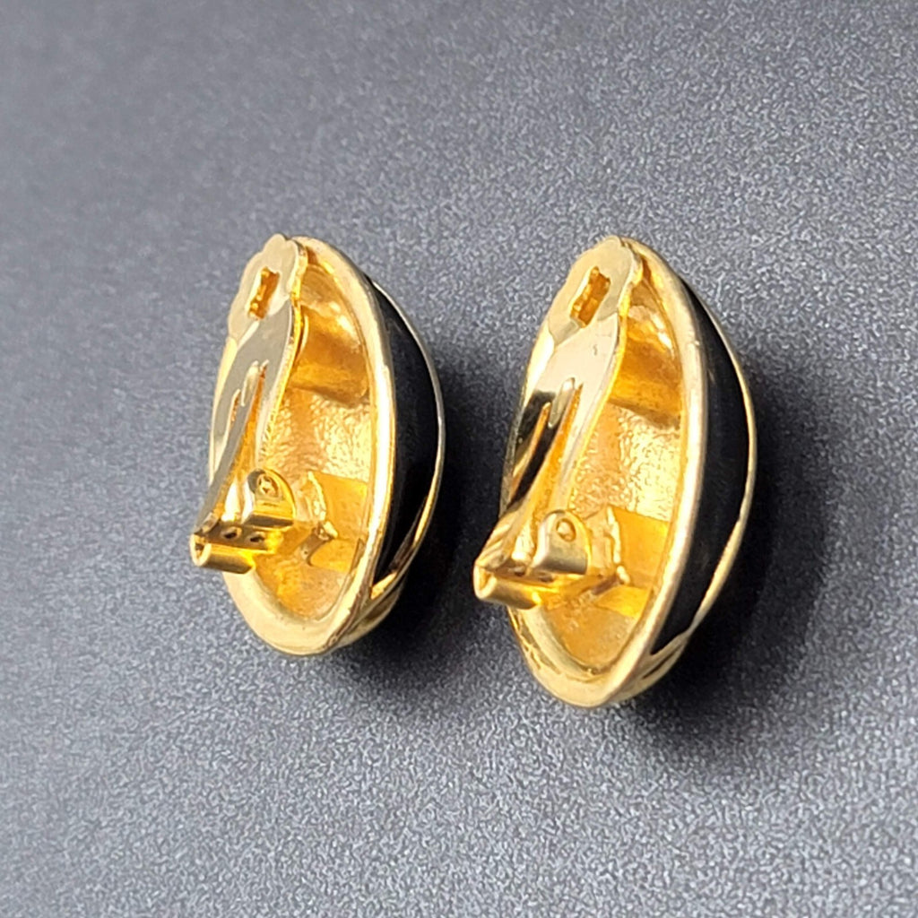 Vintage Clip on Earrings Gold Plated Black Enamel Drop Statement 1.25"