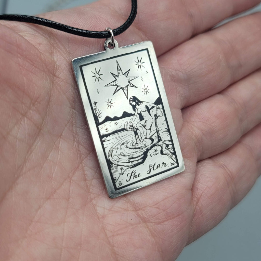 The STAR Tarot Card Pendant Necklace Major Arcana Silver tone Black Cord 18" Adj