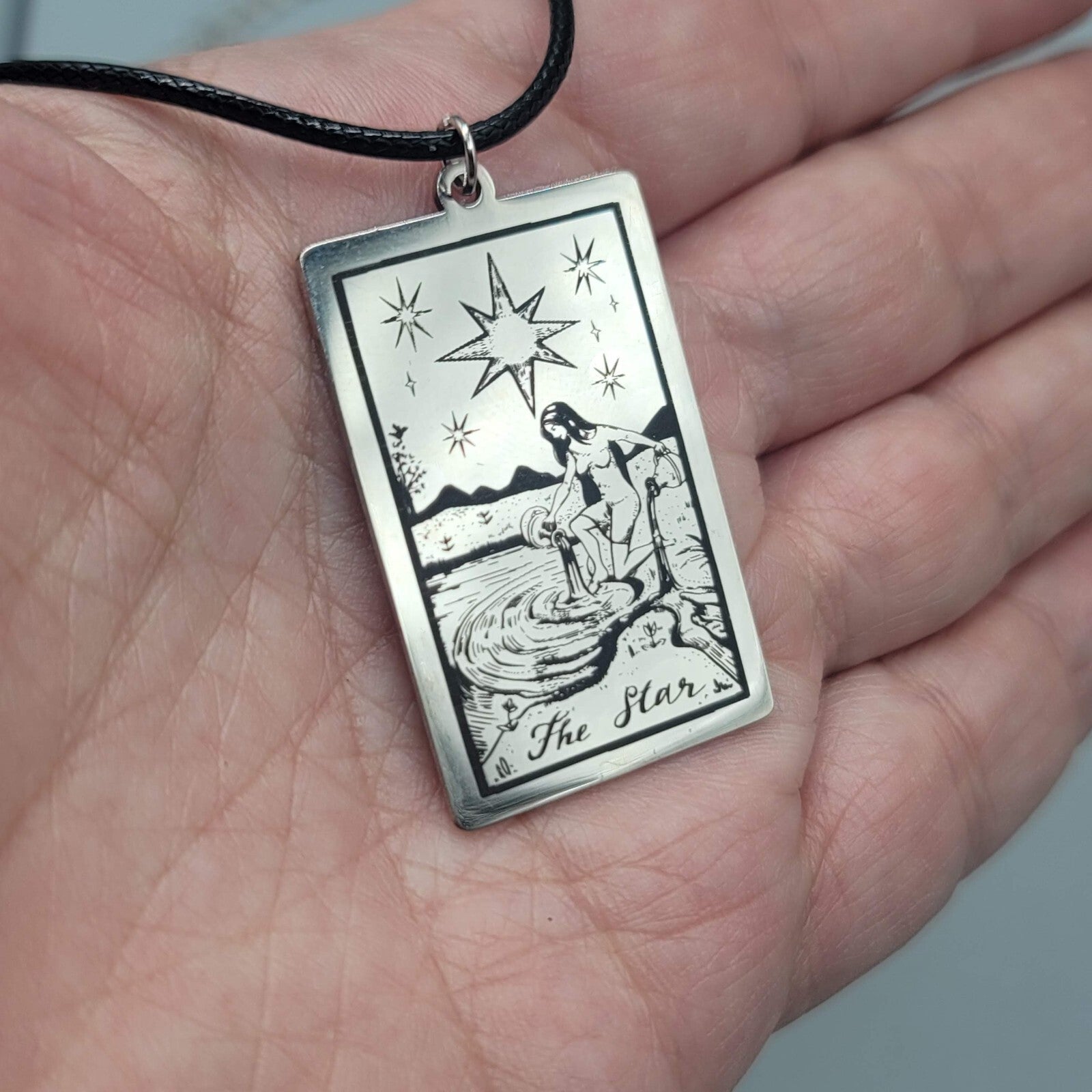 The STAR Tarot Card Pendant Necklace Major Arcana Silver tone Black Cord 18" Adj