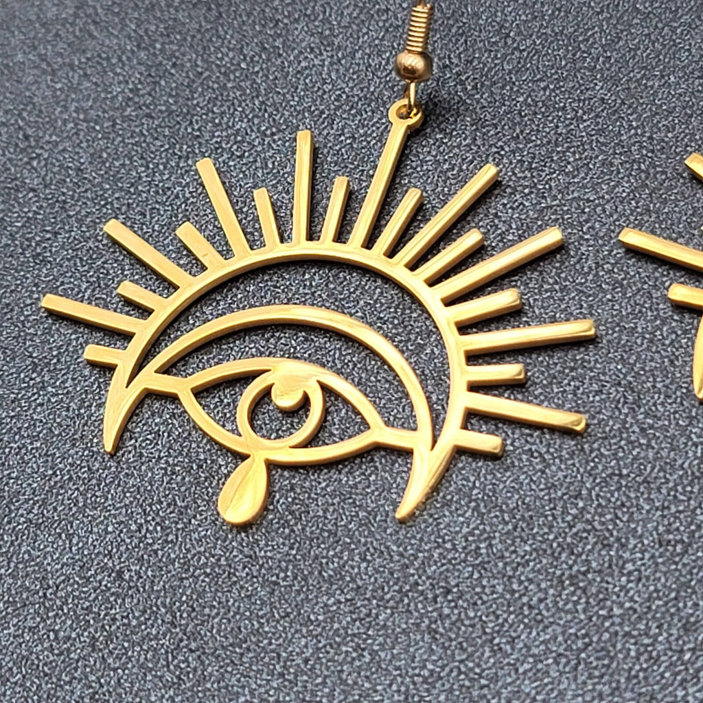 New Evil Eye Pierced Earrings Teardrop Gold Plated Statement Dangle 1 5/8"