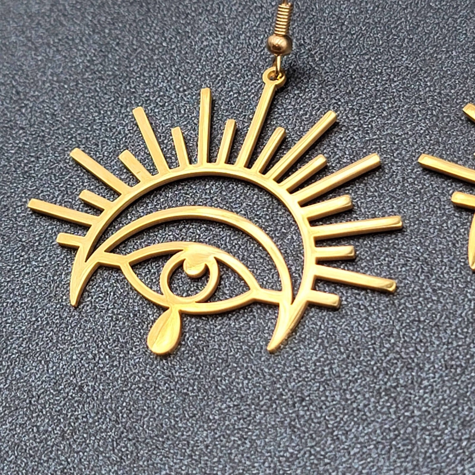 New Evil Eye Pierced Earrings Teardrop Gold Plated Statement Dangle 1 5/8"