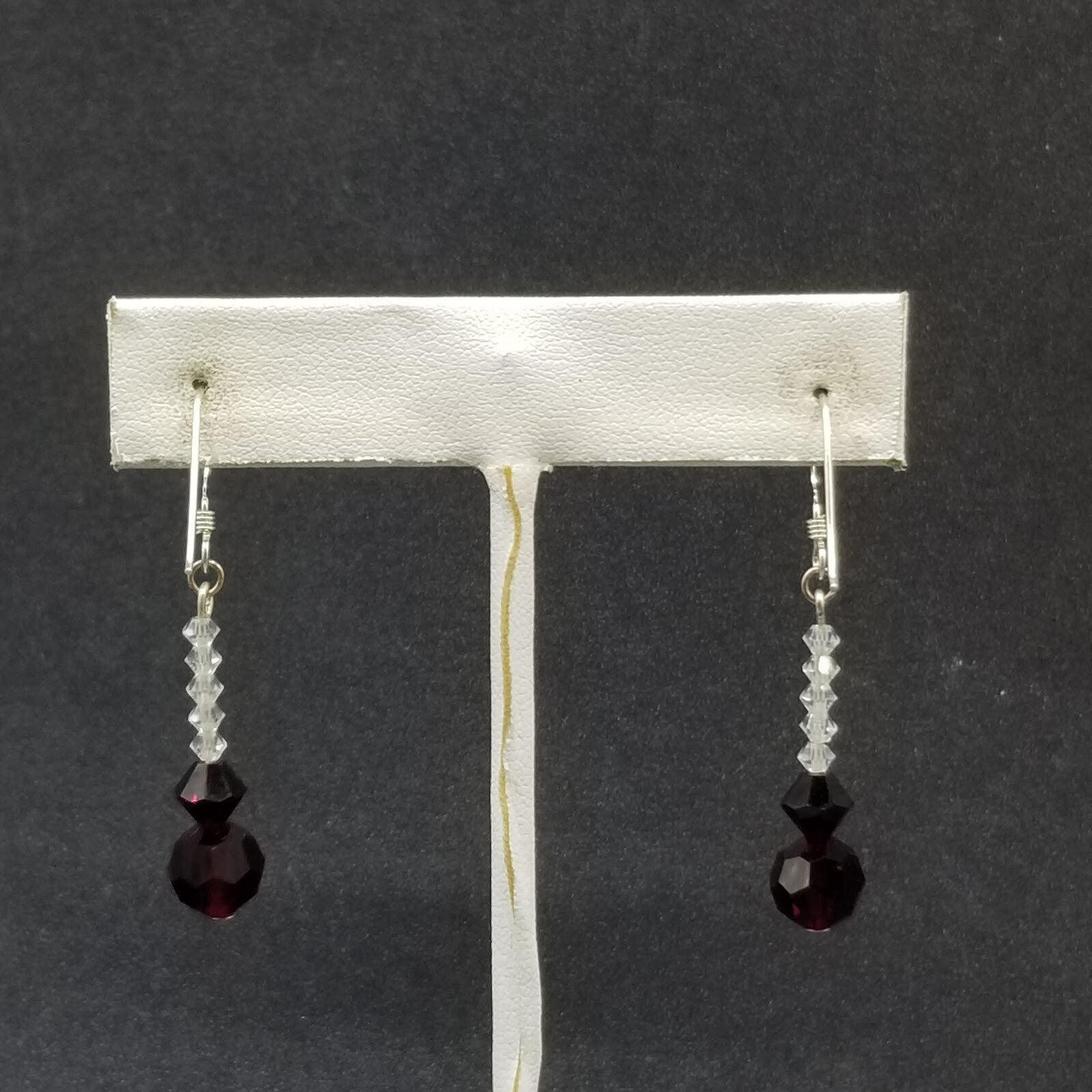 Pierced Earrings Silver tone Red Crystal Faceted Bead Dangle 1"