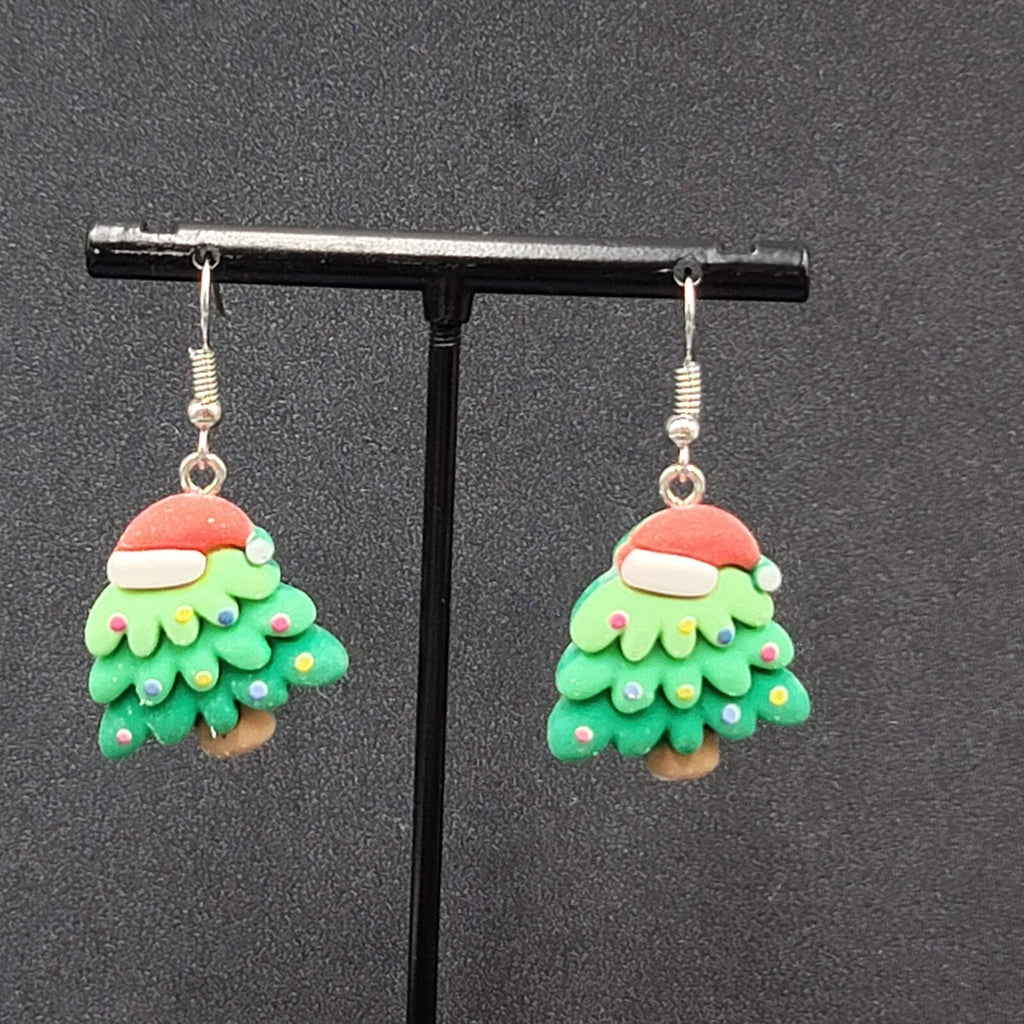Christmas Tree Pierced Earrings Puffy 3D Dangle 1 1/8"