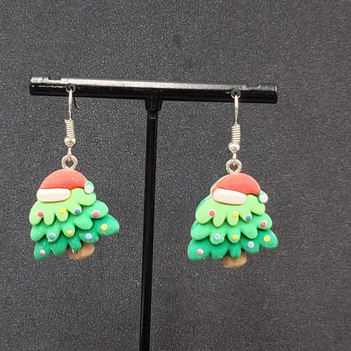 Christmas Tree Pierced Earrings Puffy 3D Dangle 1 1/8"