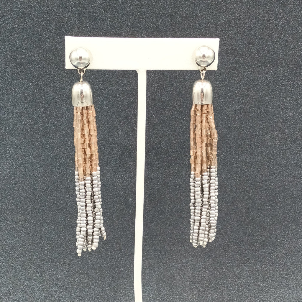 Pierced Earrings Gold and Silver tone Seed Bead Multi Strand Dangle 3.75"