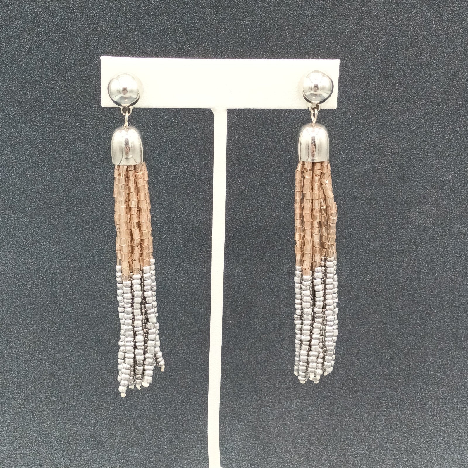 Pierced Earrings Gold and Silver tone Seed Bead Multi Strand Dangle 3.75"