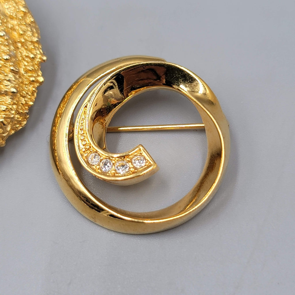 Vintage Gold Tone Circle Brooch Pin Lot of 2 Textured Swirl Rhinestone