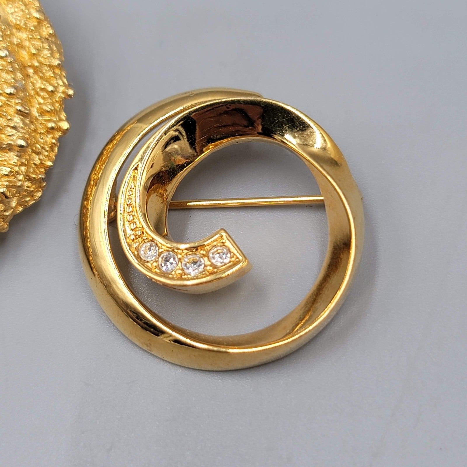 Vintage Gold Tone Circle Brooch Pin Lot of 2 Textured Swirl Rhinestone