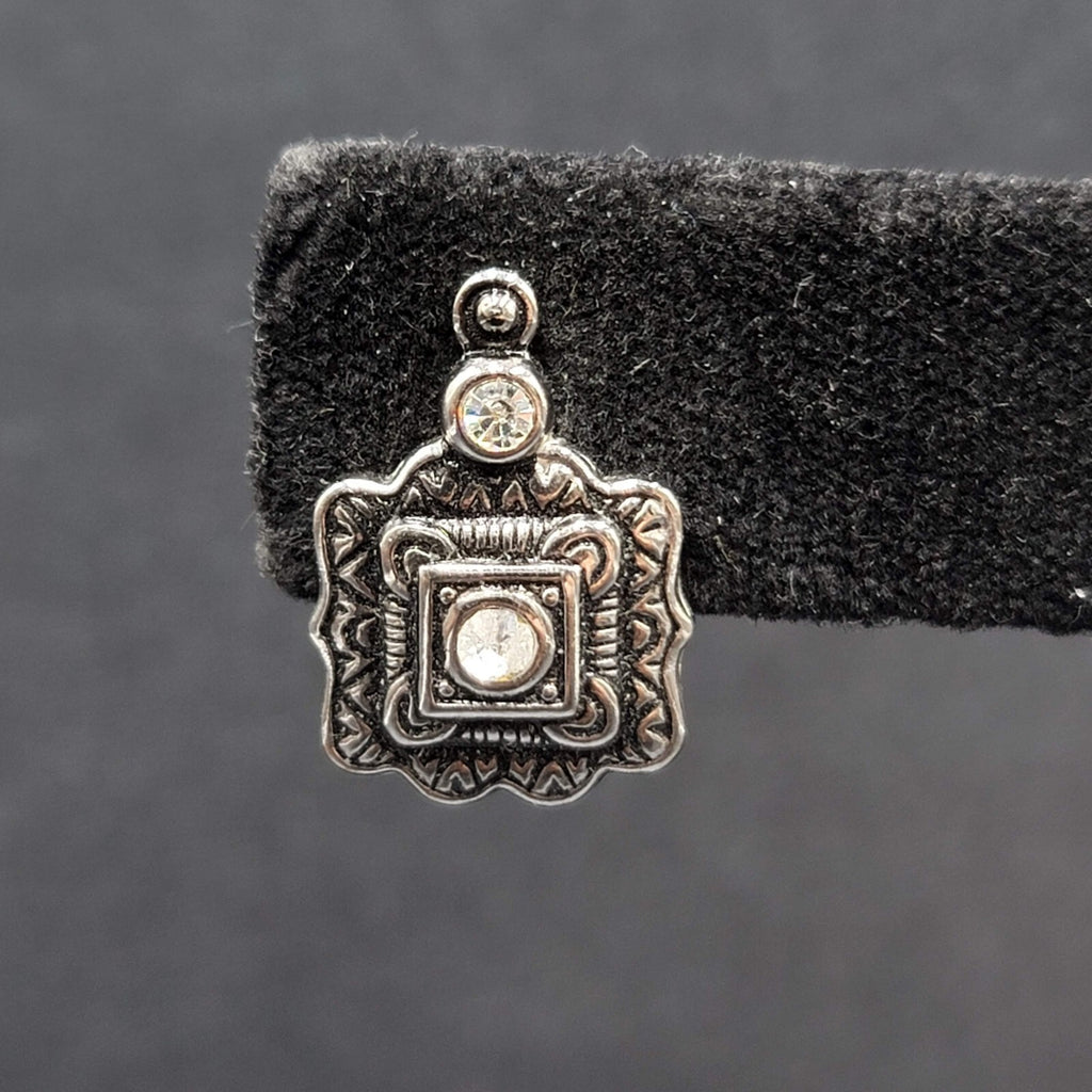 Pierced Earrings Silver tone Black Embossed Crystal Studs So Pretty! 5/8"
