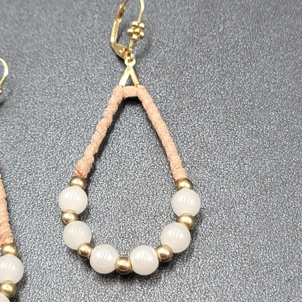 Pierced Earrings Gold tone Leather Wrapped Beaded Teardrop Dangle 2.25"