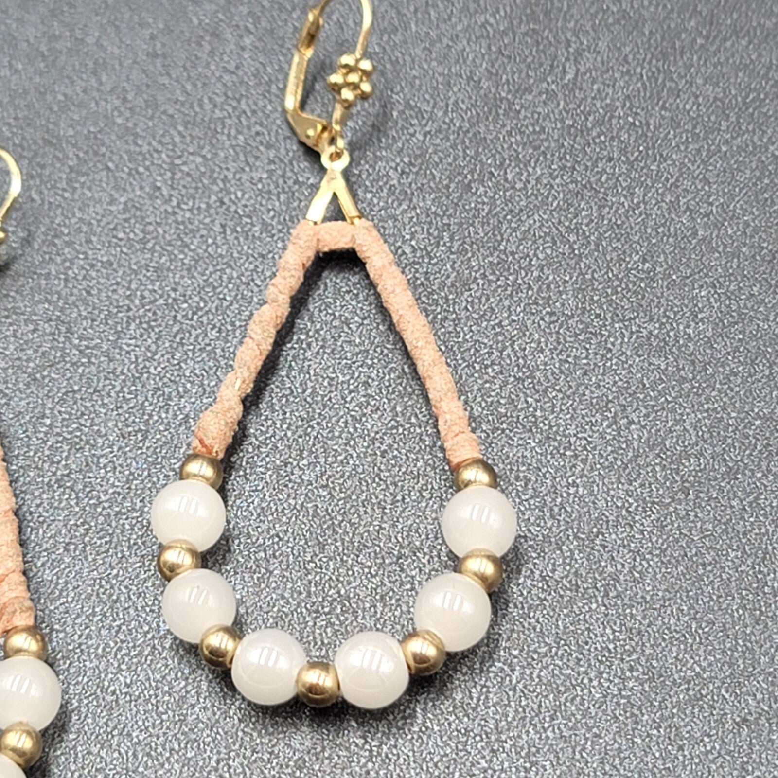 Pierced Earrings Gold tone Leather Wrapped Beaded Teardrop Dangle 2.25"