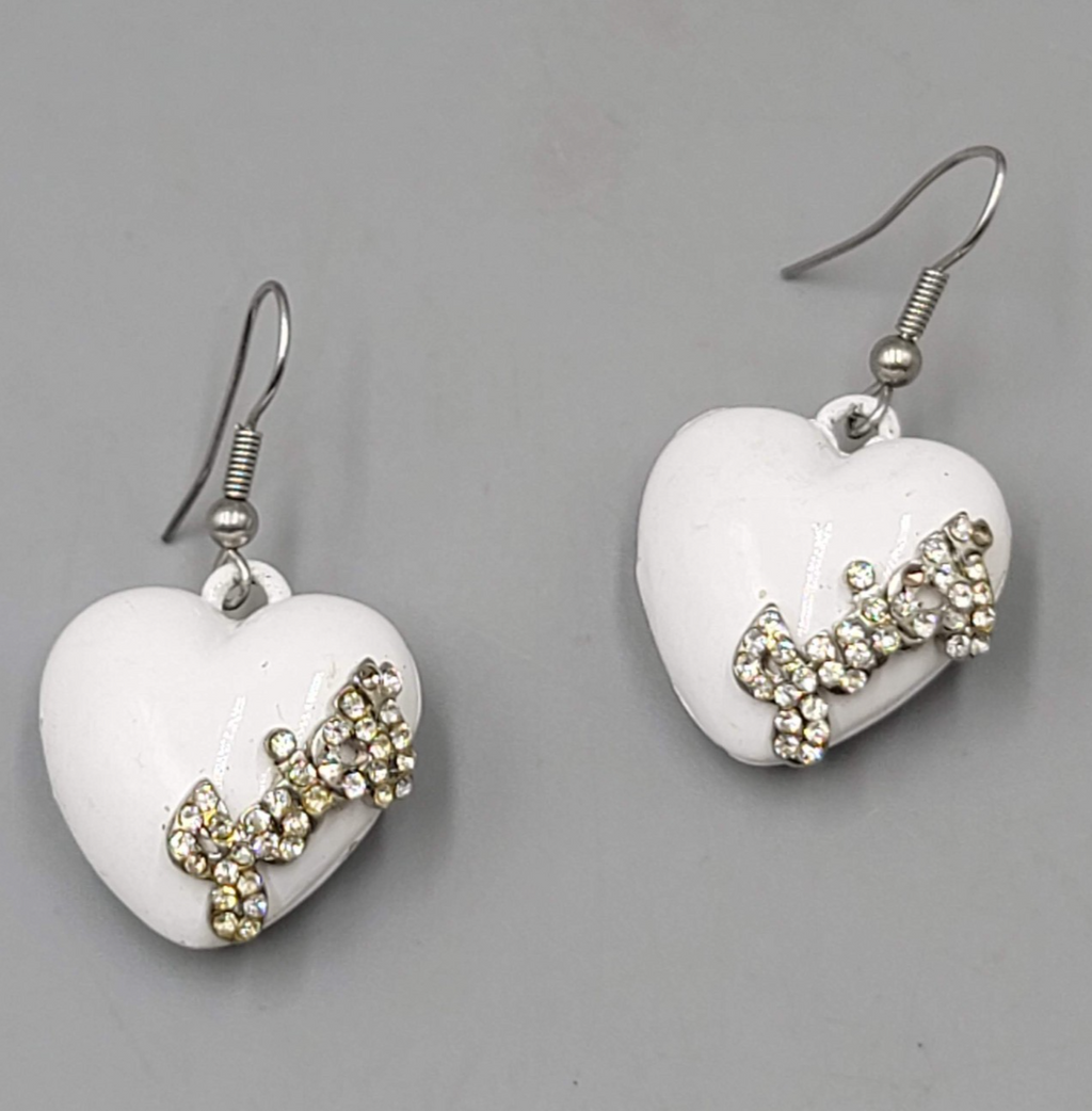 Juicy Pierced Earrings White Enamel Puffy Hearts Rhinestones Silver tone Dangle 