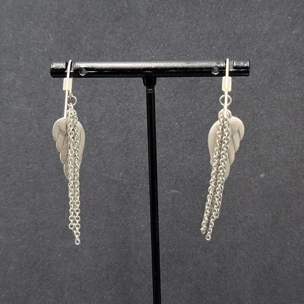 Pierced Earrings Matte Silver tone Angel Wings Dangle Chains 1.75"
