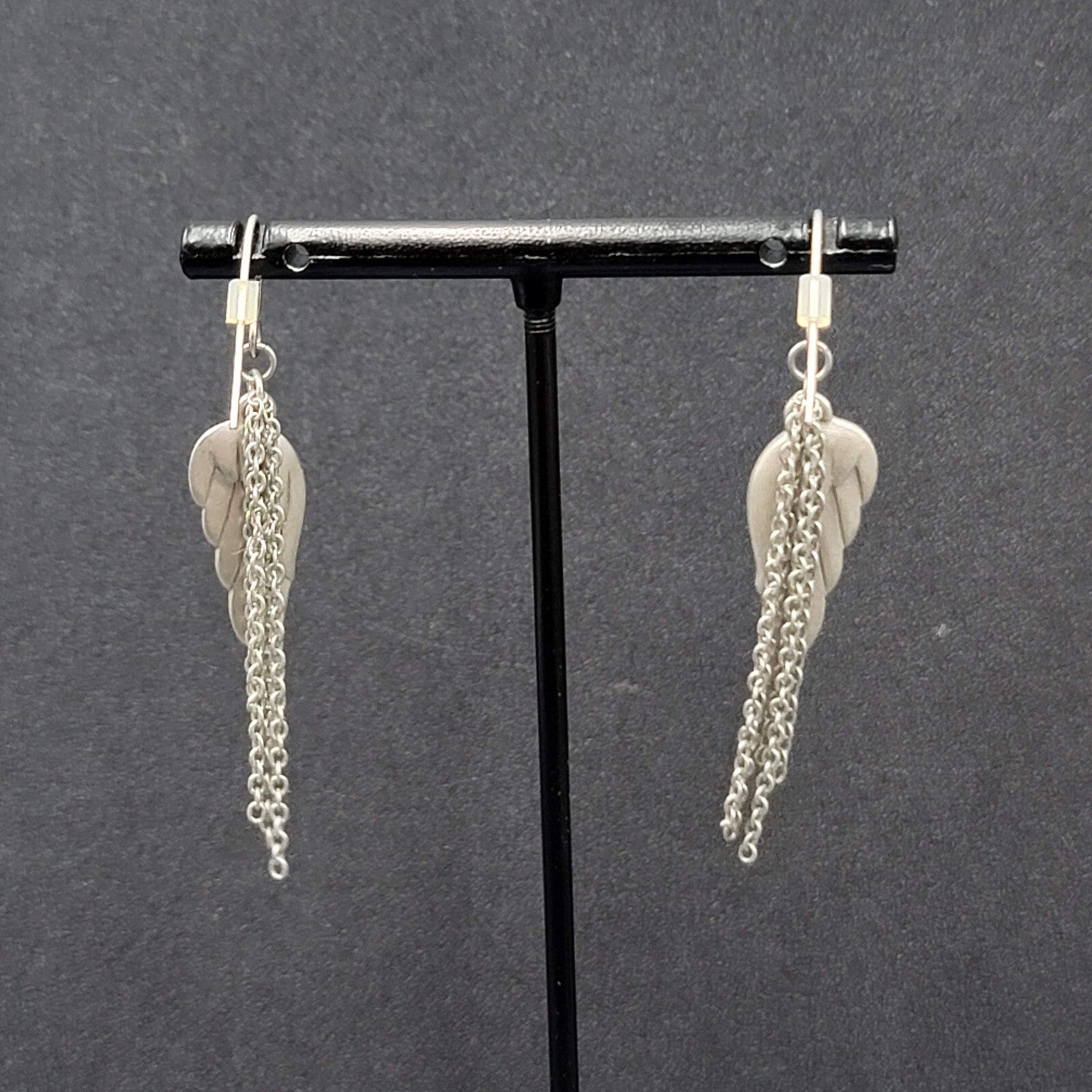 Pierced Earrings Matte Silver tone Angel Wings Dangle Chains 1.75"