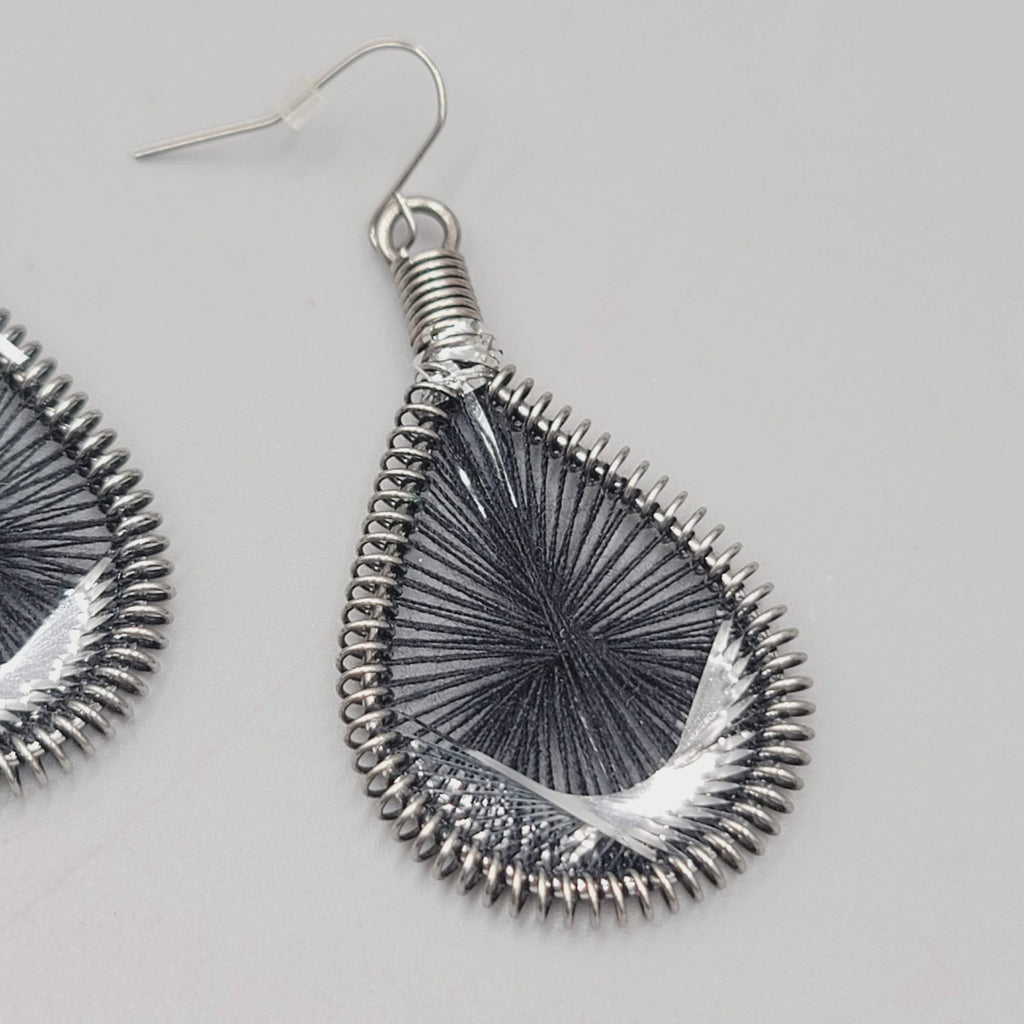 Teardrop Black String Art Pierced Earrings Silver tone Dangle 2"