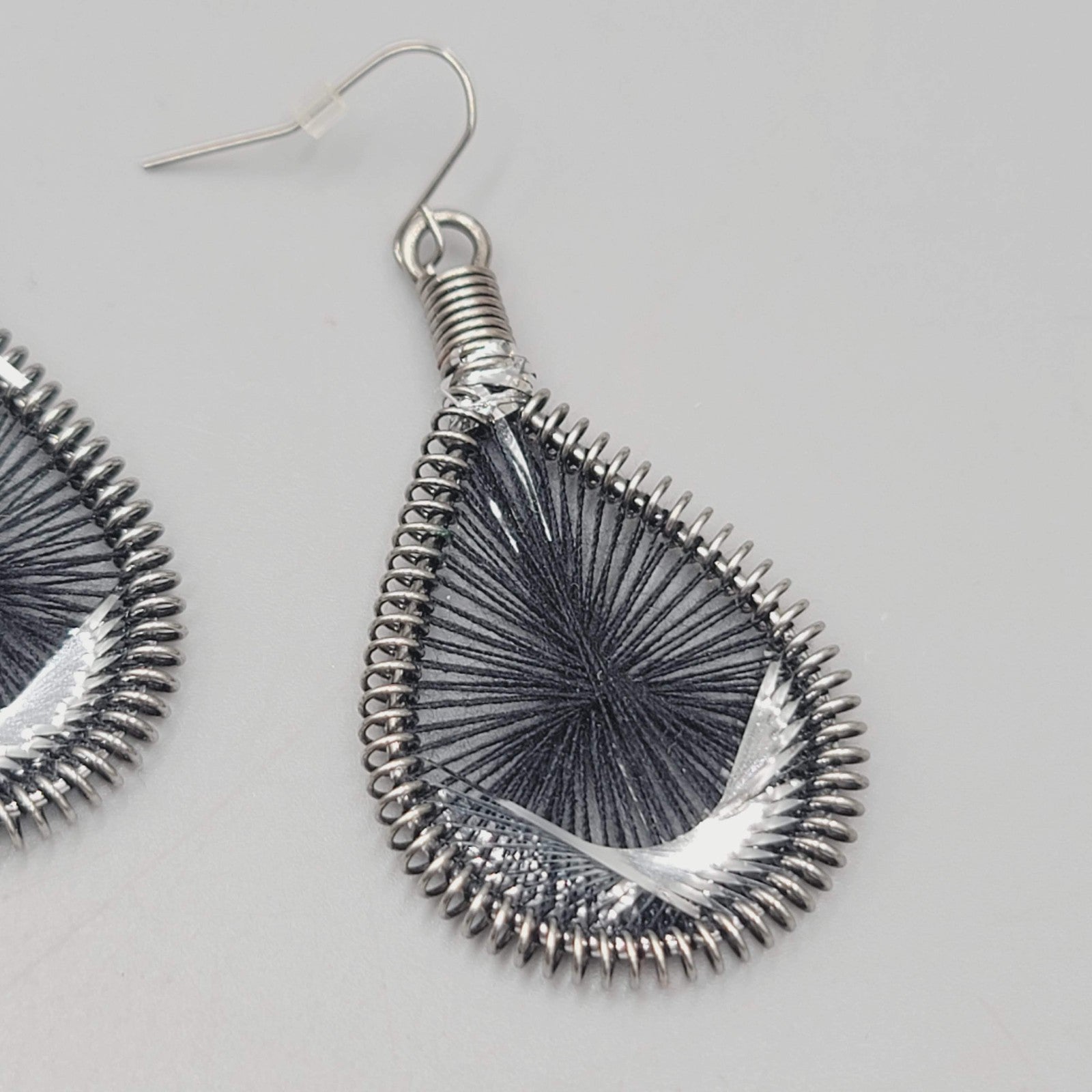 Teardrop Black String Art Pierced Earrings Silver tone Dangle 2"
