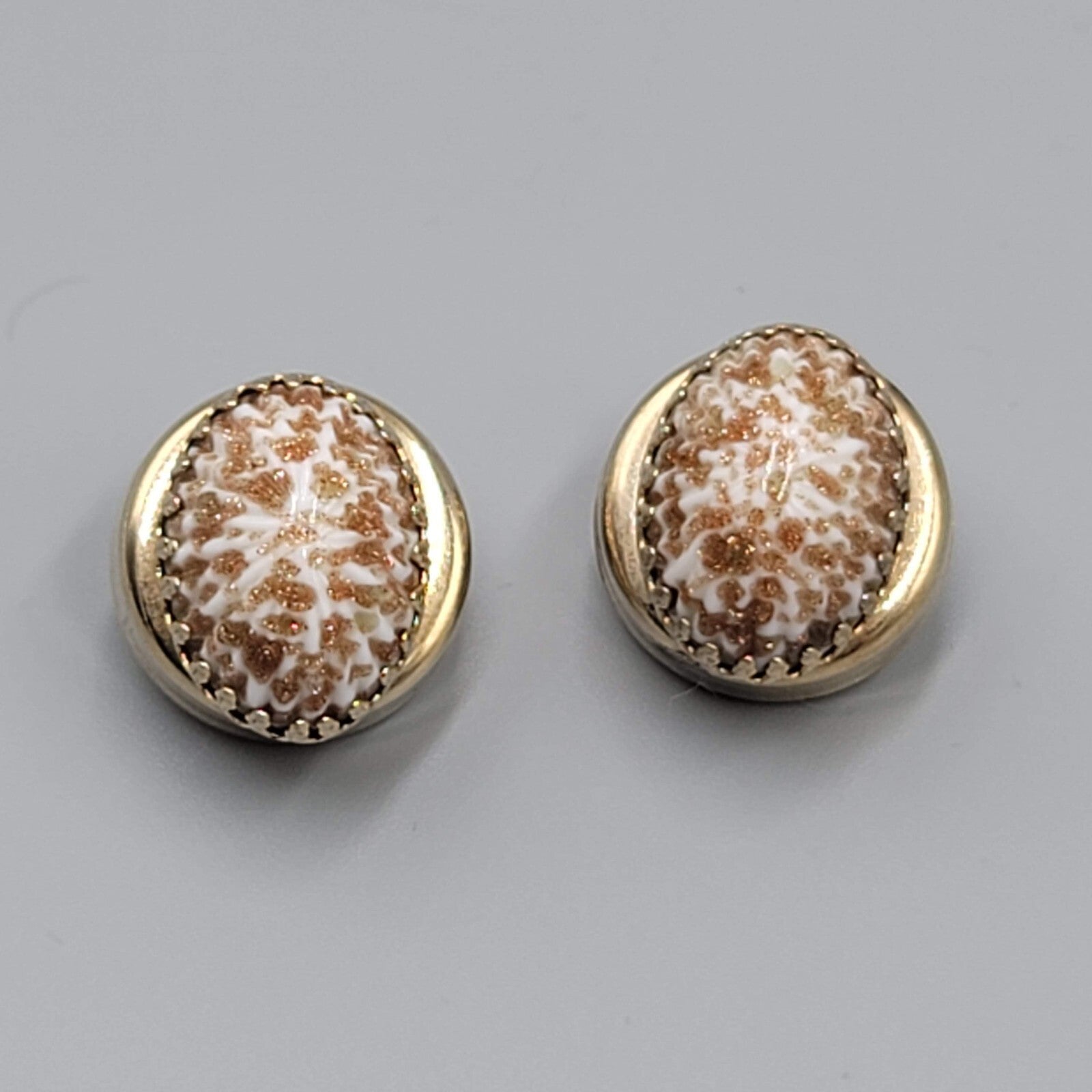 Vintage Clip on Earrings Copper Glitter Glass Cabochon Gold tone 3/4"