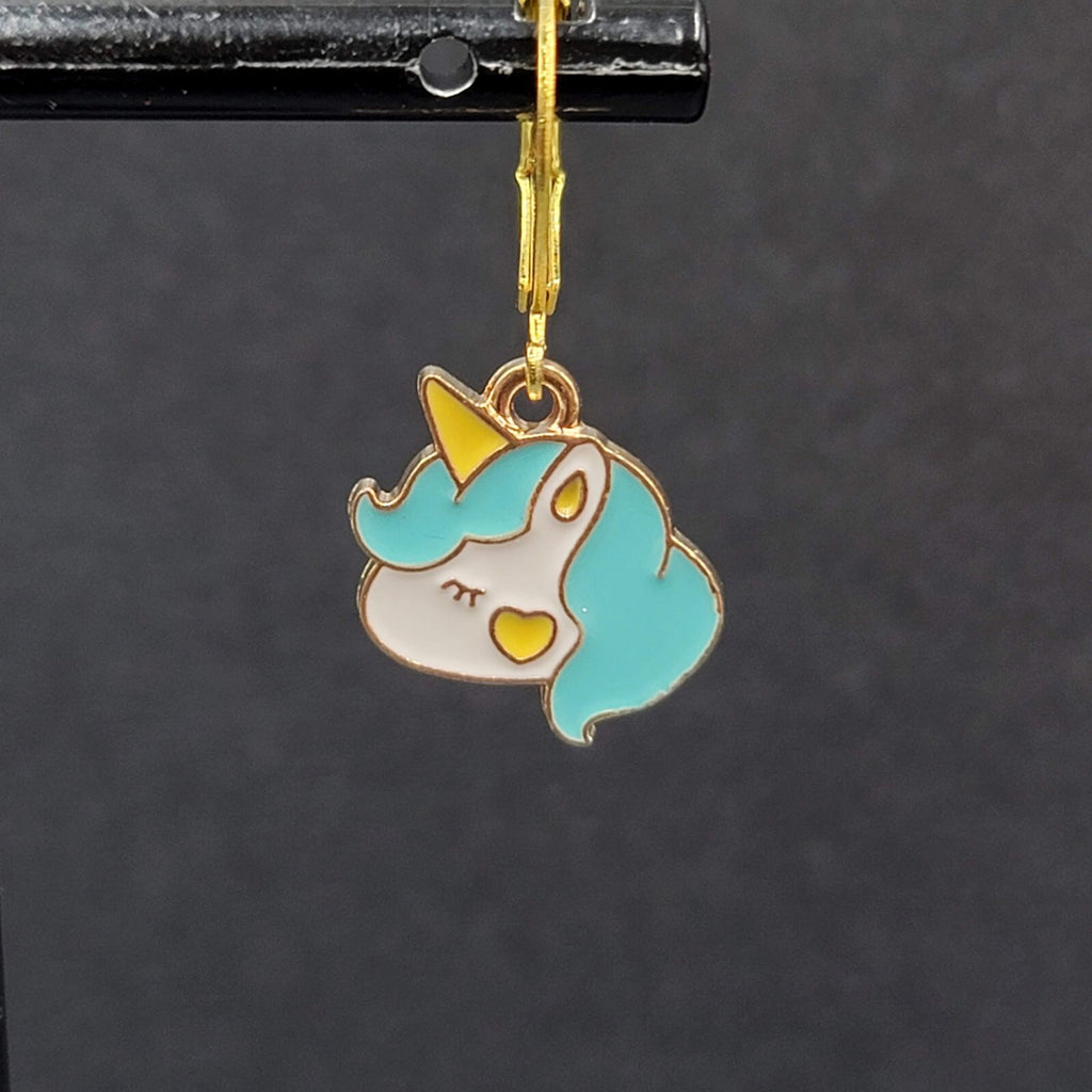 New Unicorn Pierced Earrings Blue Enamel Dangle Gold tone 5/8"