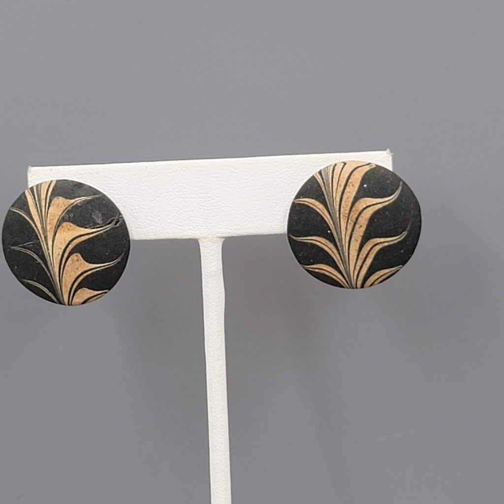 Vintage Ceramic Round Pierced Earrings Black Gold Paint 1"