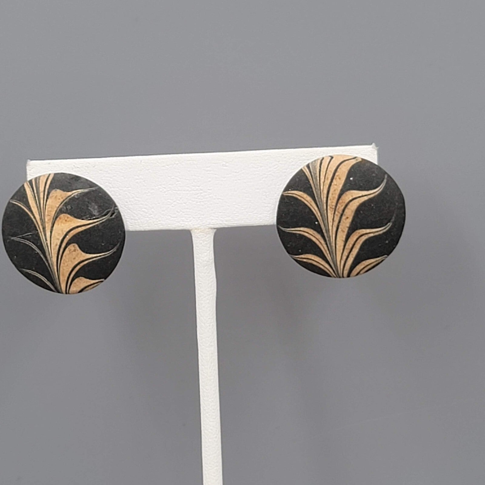 Vintage Ceramic Round Pierced Earrings Black Gold Paint 1"
