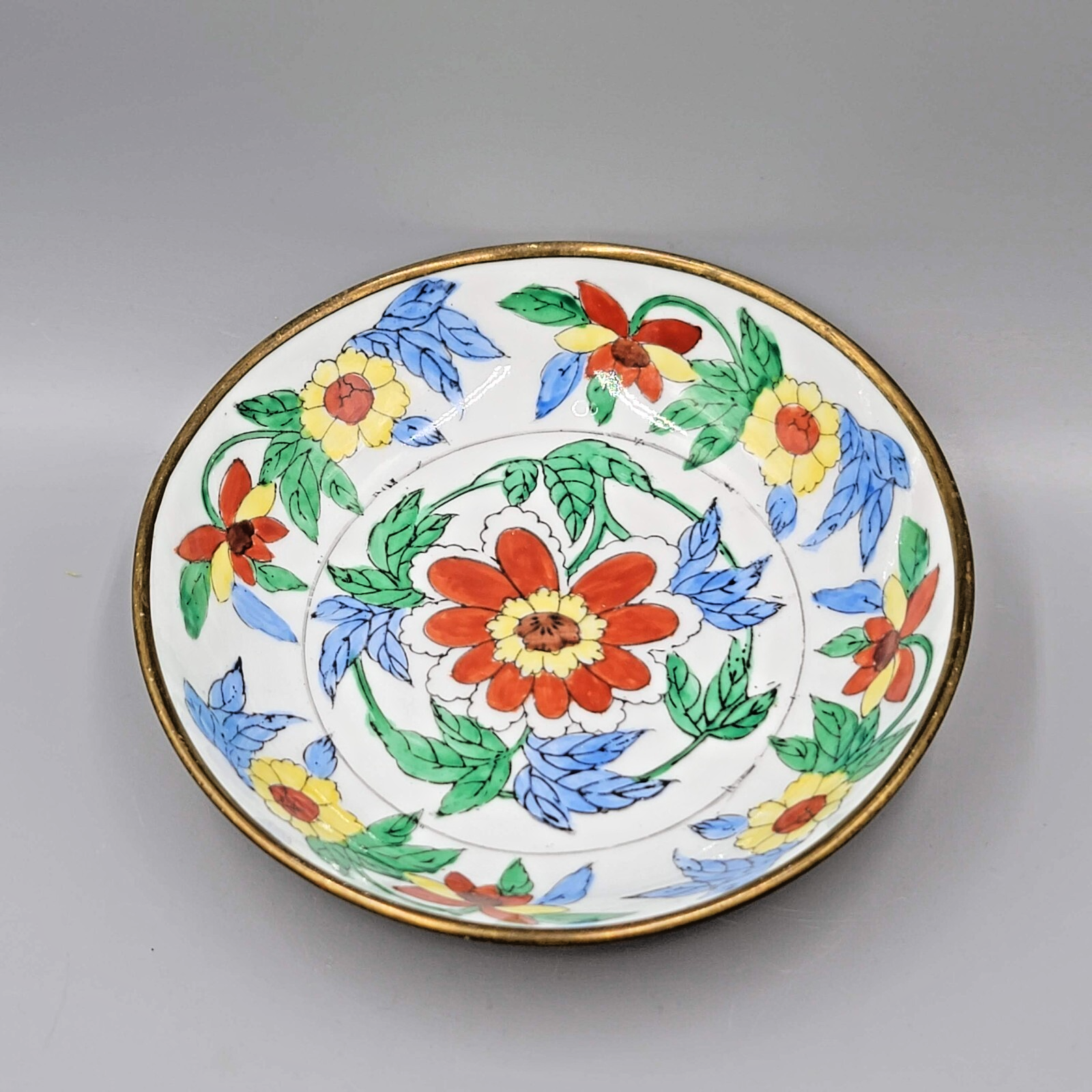 Japanese Porcelain BOWL Hand Painted Flower Brass 6 in