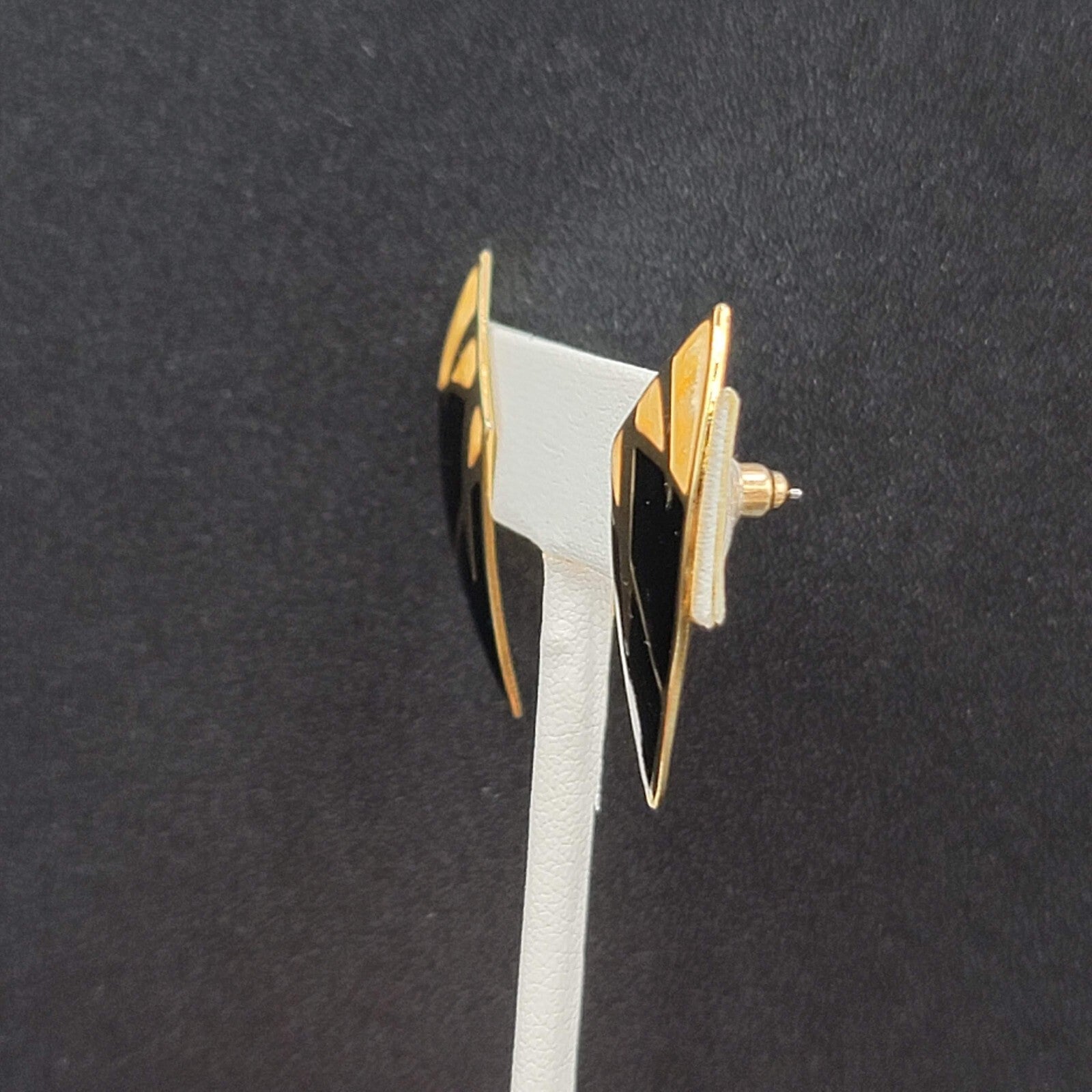 Vintage Pierced Earrings Goldtone Black Beige Enamel Statement Drop 1 3/8"