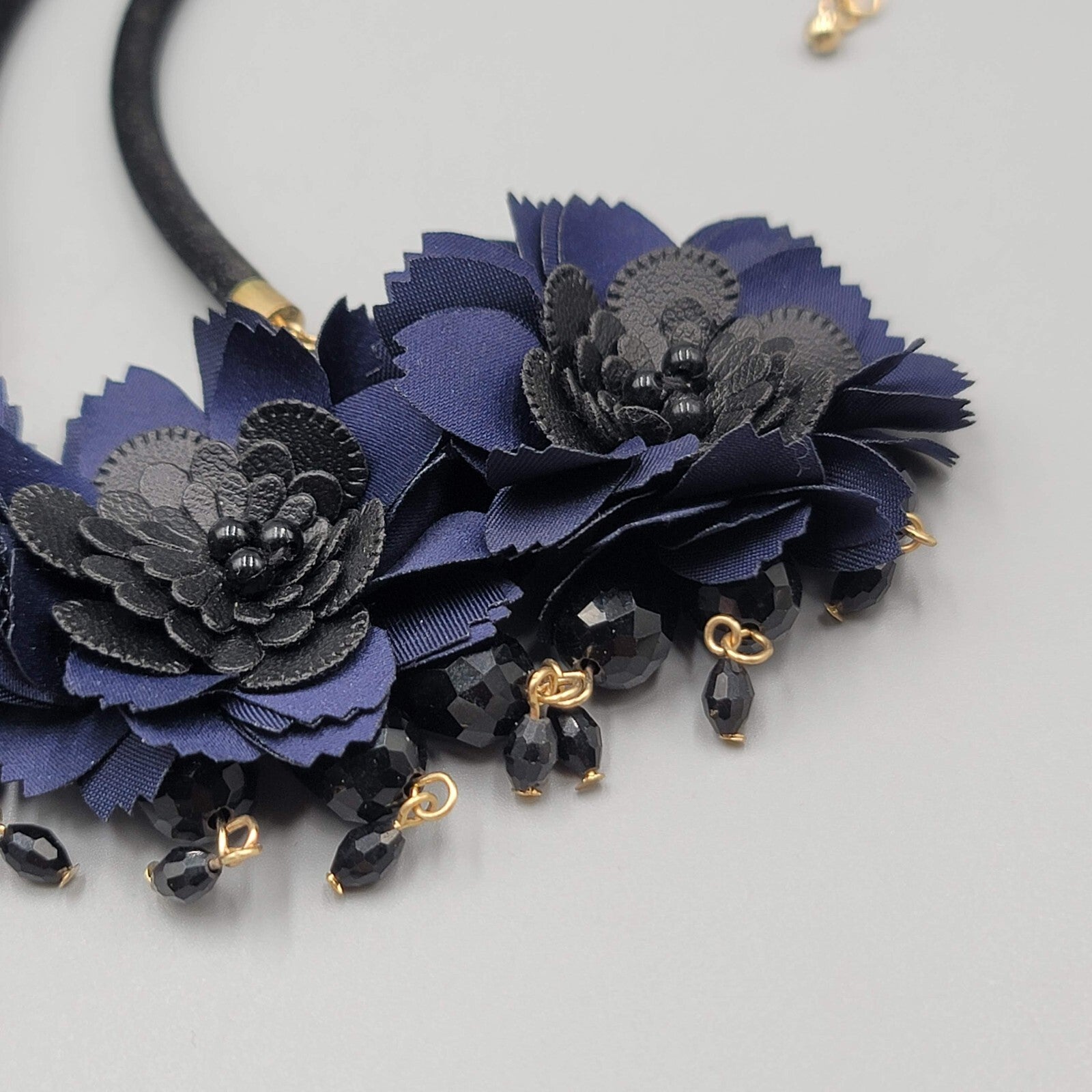 Dark Blue Fabric Flower Statement Necklace Black Cord Gold tone 18"