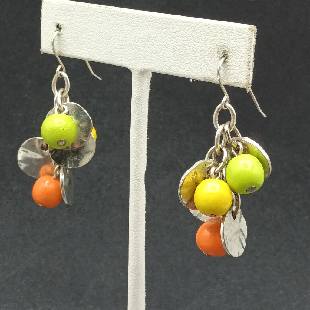 Pierced Earrings Silver tone Chain Hammer Disk Multicolor Bead Dangle 1 3/8"