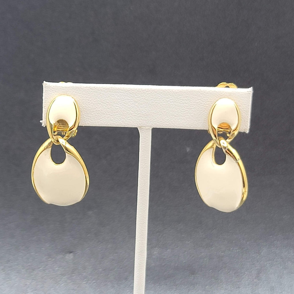 Vintage Clip on Earrings Gold Plate White Enamel Dangle 1.5"