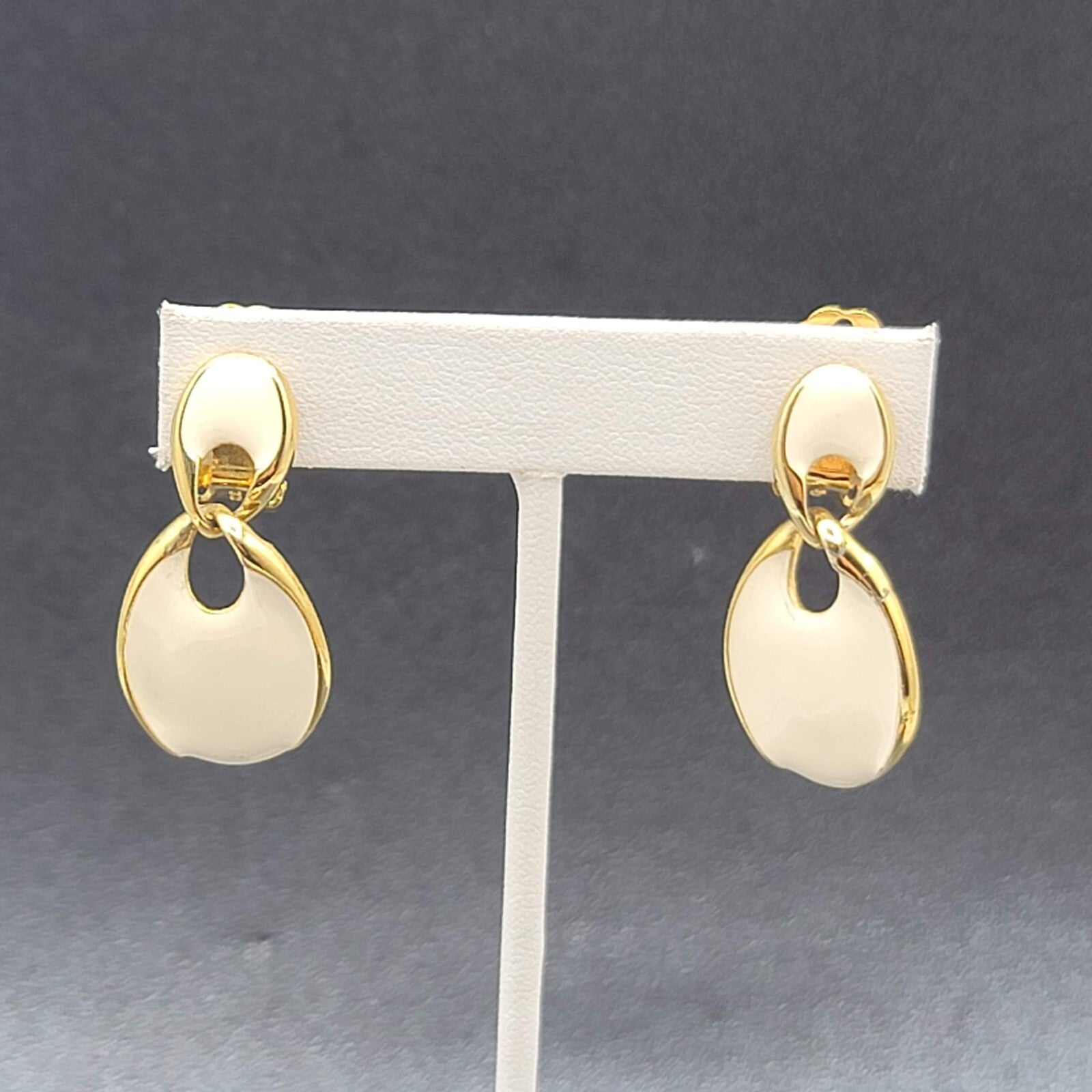 Vintage Clip on Earrings Gold Plate White Enamel Dangle 1.5"