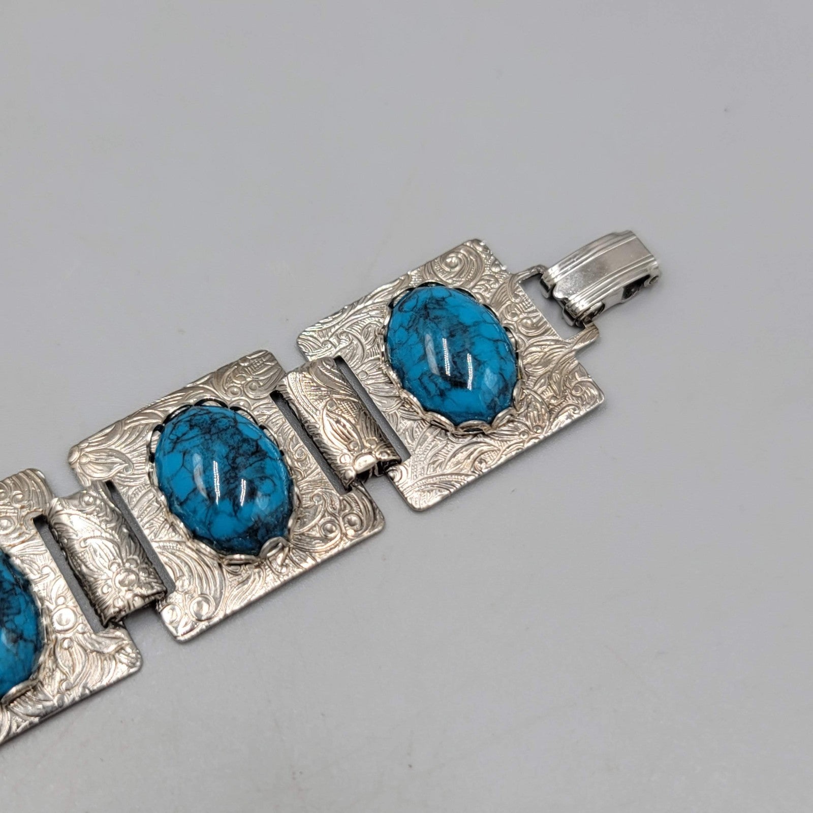Vintage Panel Bracelet Silver tone Blue Black Cabochon 6.5 in