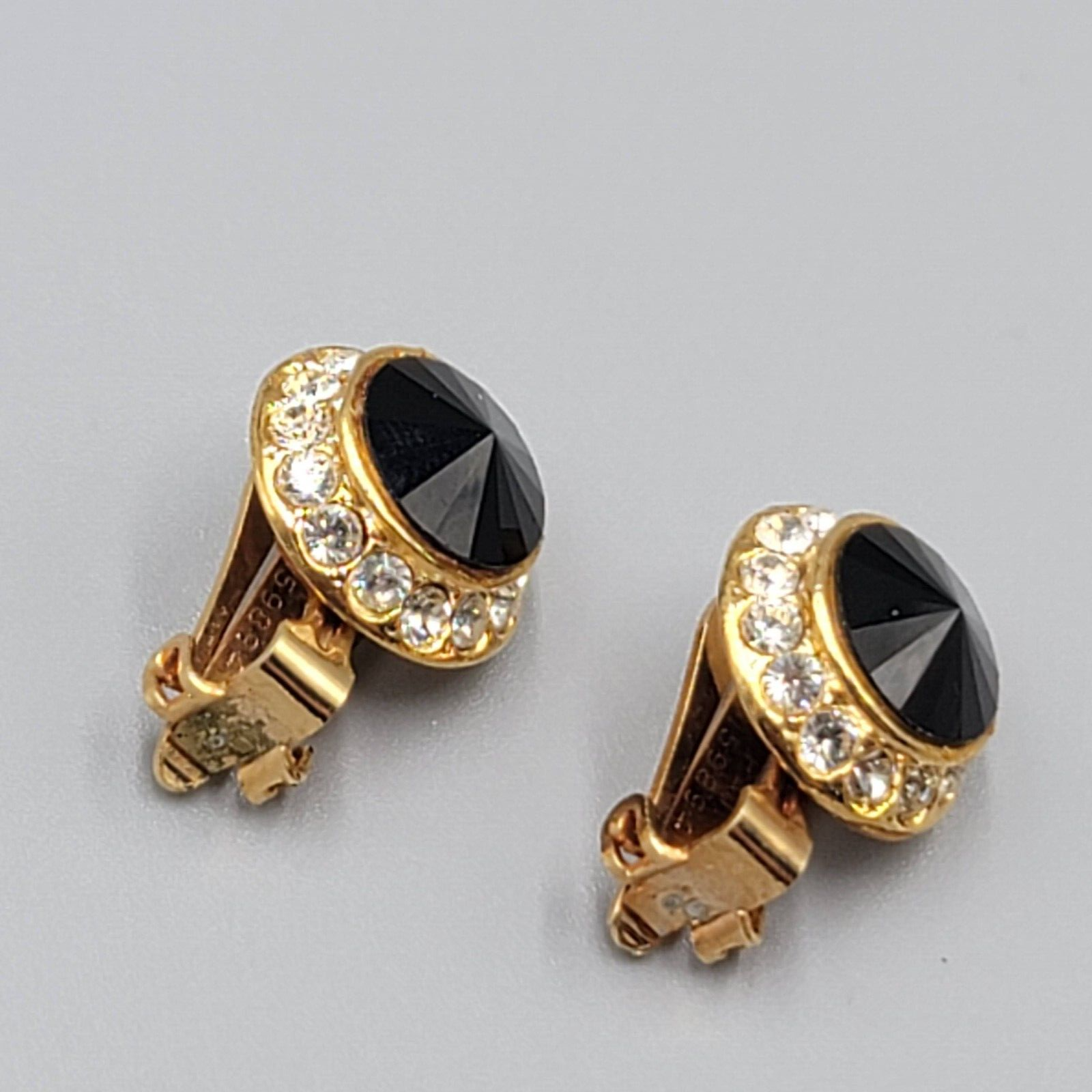 Vintage Black Rivoli Rhinestone Studs Clip on Earrings Round 5/8"