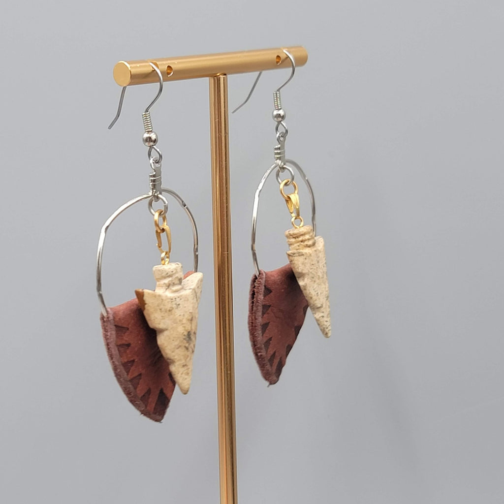 Arrowhead Pierced Earrings Boho Dangle Leather Stone Western Southwestern 2.25"