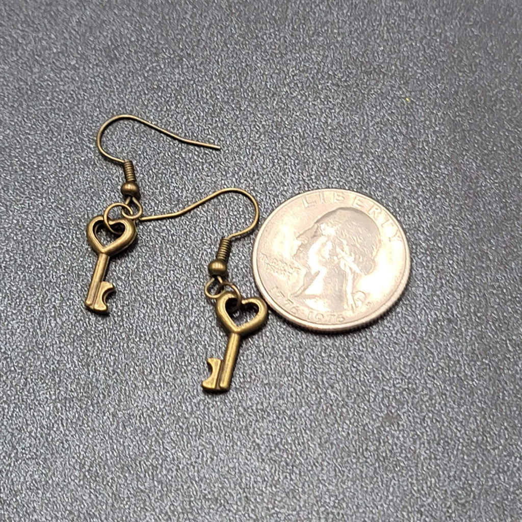 New Pierced Earrings Bronze tone Heart Skeleton Key Dangle 5/8"