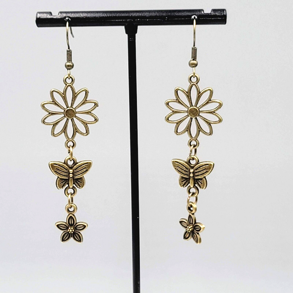 New Flower Butterfly Pierced Earrings Bronze tone Triple Dangle 2 1/8"