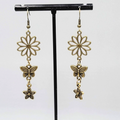 New Flower Butterfly Pierced Earrings Bronze tone Triple Dangle 2 1/8"